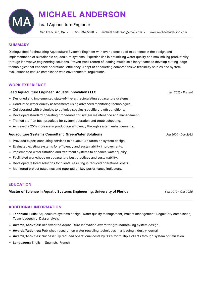 Recirculating Aquaculture Systems Engineer Resume Preview Example