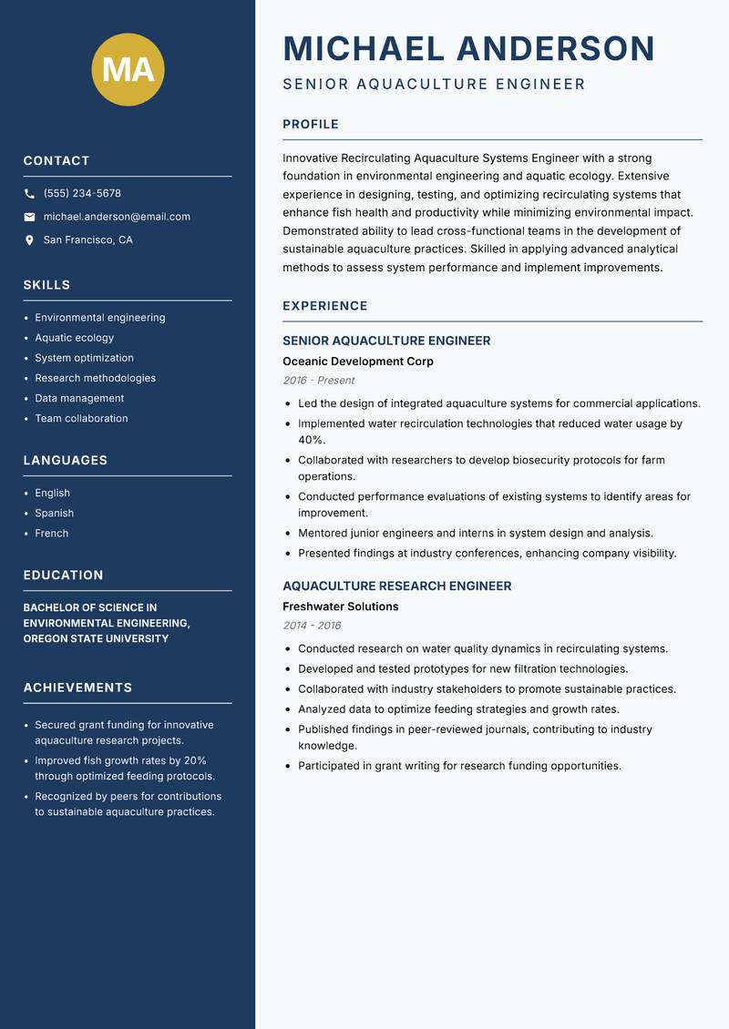 Recirculating Aquaculture Systems Engineer Resume Preview Example