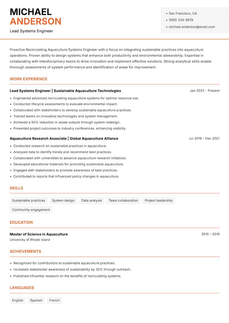 Recirculating Aquaculture Systems Engineer Resume Template
