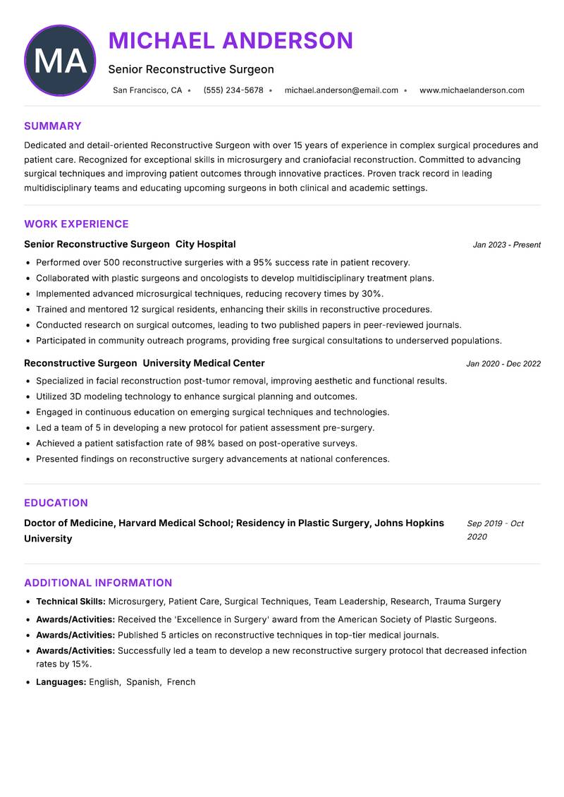 Reconstructive Surgeon Resume Preview Example