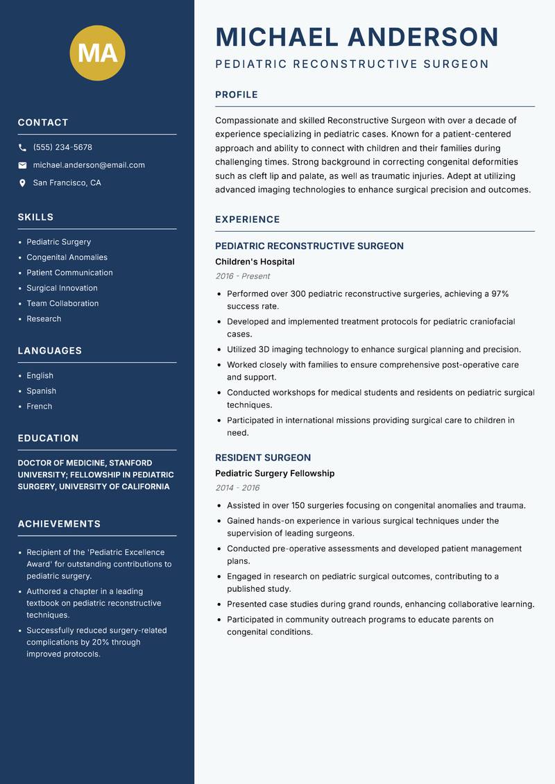 Reconstructive Surgeon Resume Preview Example