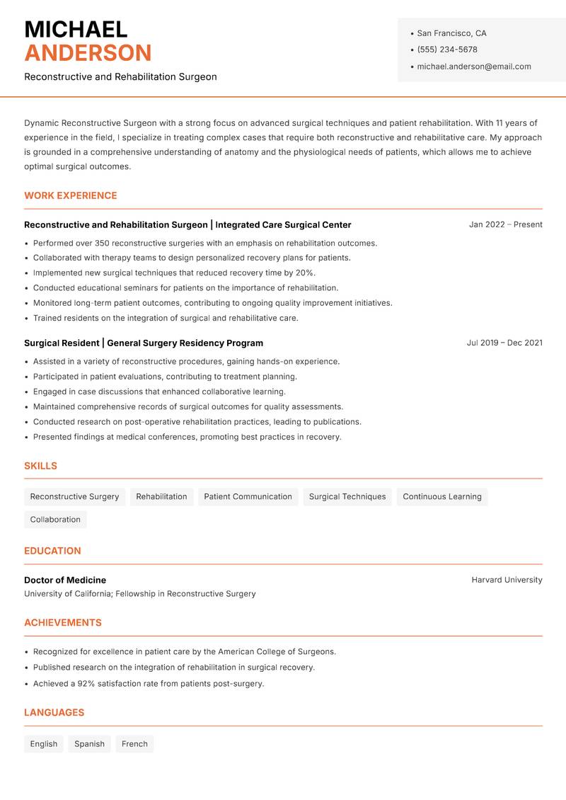 Reconstructive Surgeon Resume Template