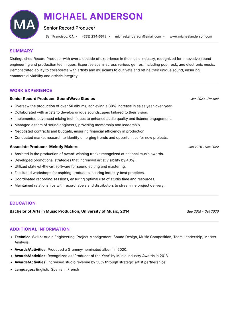 Record Producer Resume Preview Example