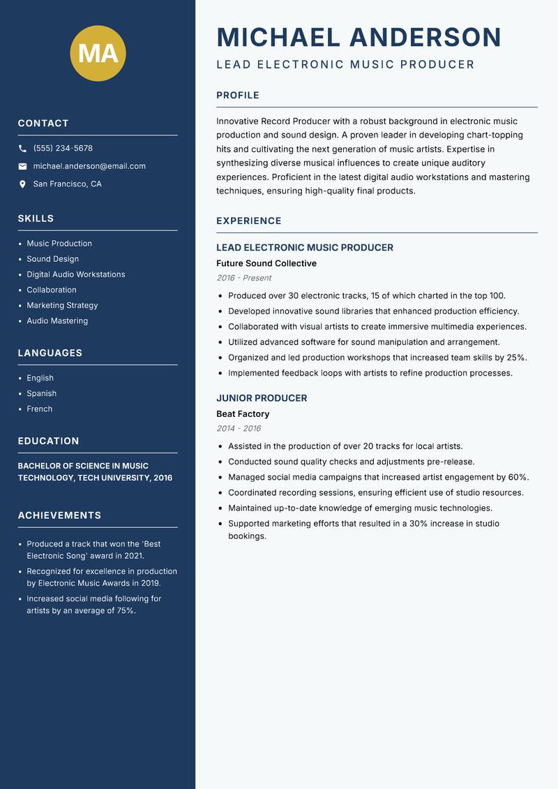 Record Producer Resume Preview Example