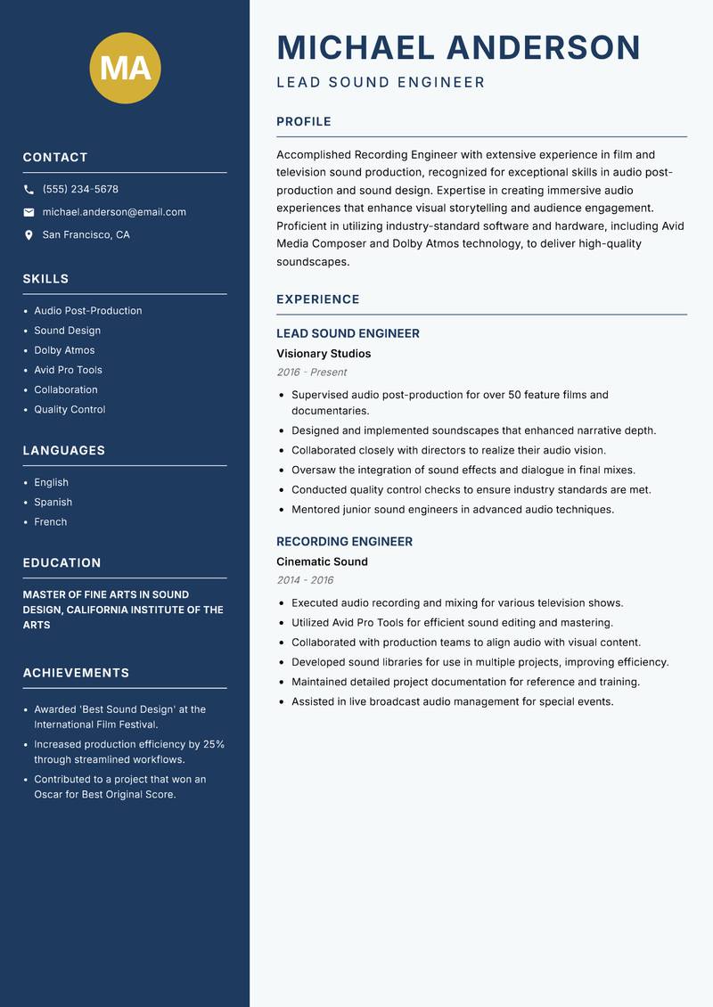 Recording Engineer Resume Preview Example