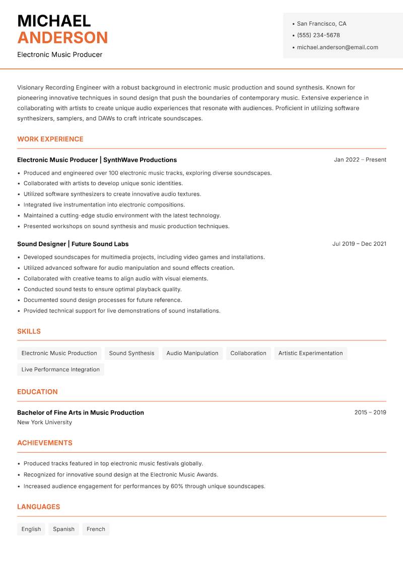 Recording Engineer Resume Template