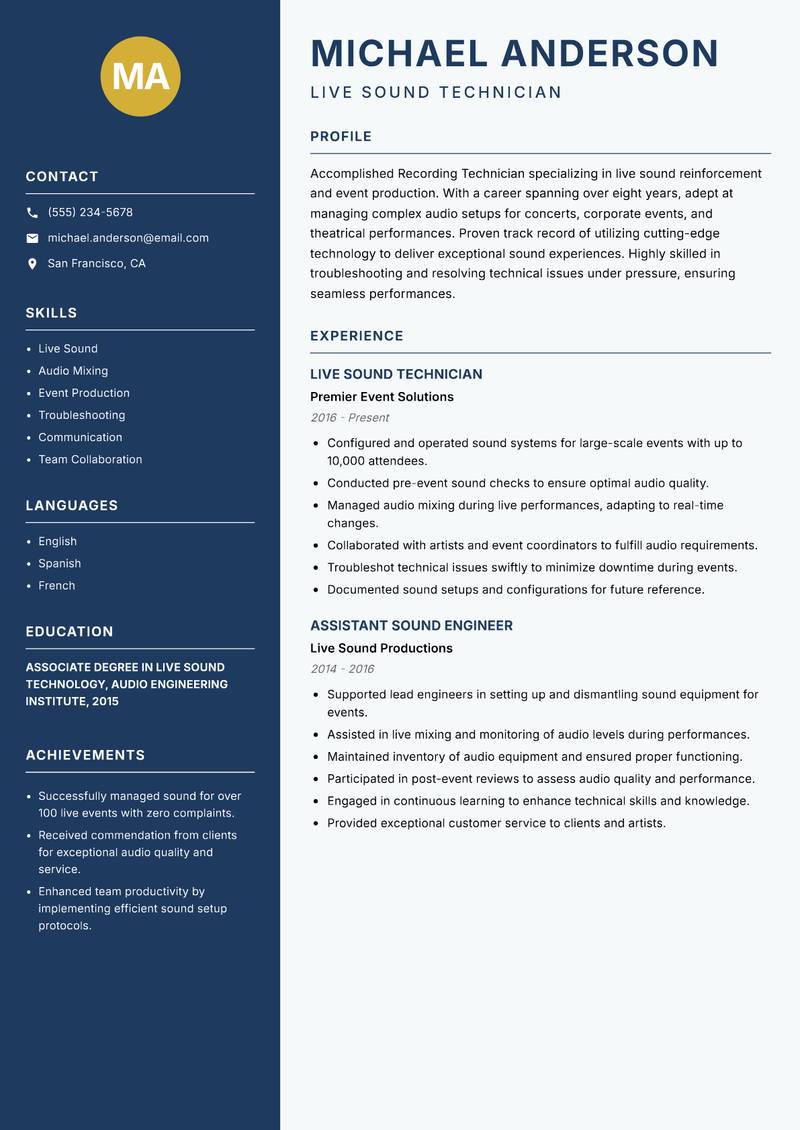 Recording Technician Resume Preview Example