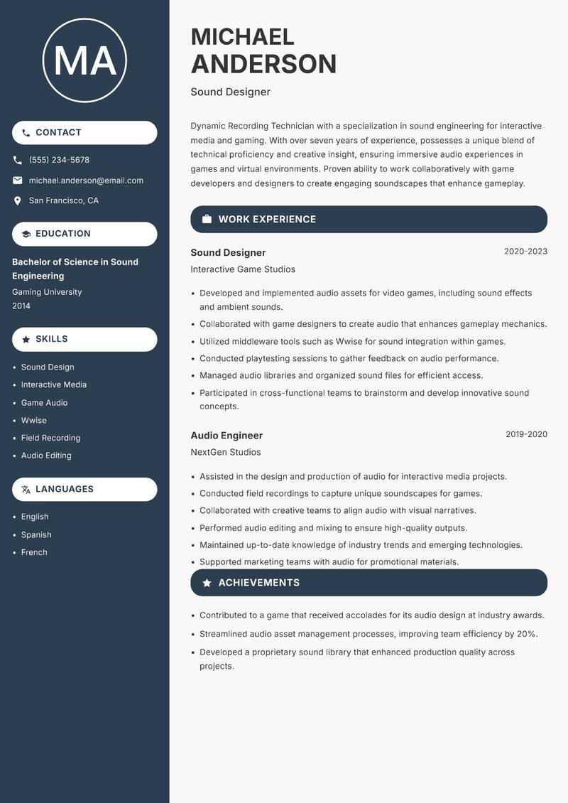 Recording Technician Resume Preview Example