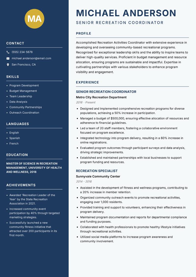 Recreation Activities Coordinator Resume Preview Example