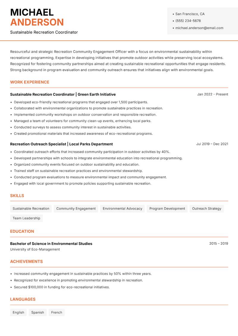 Recreation Community Engagement Officer Resume Template