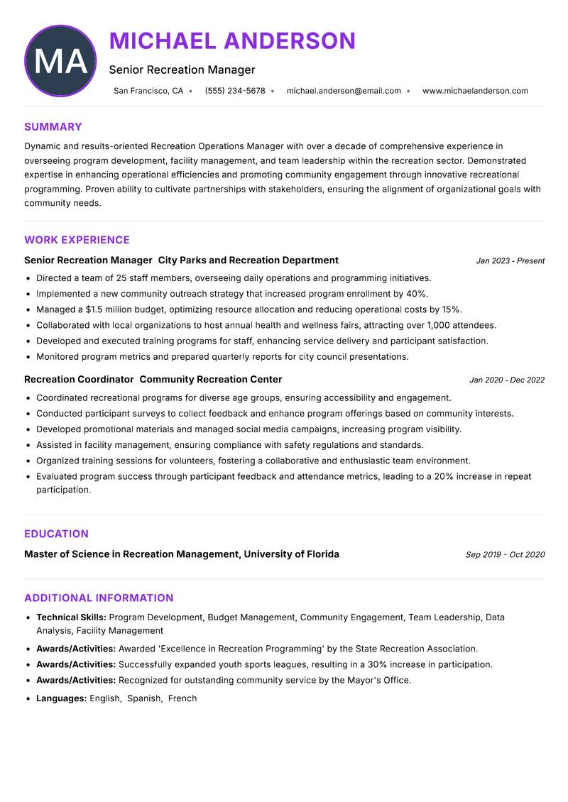 Recreation Operations Manager Resume Preview Example