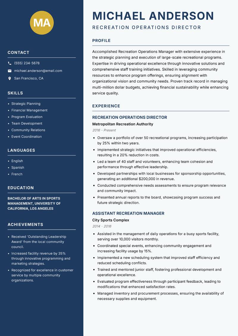 Recreation Operations Manager Resume Preview Example