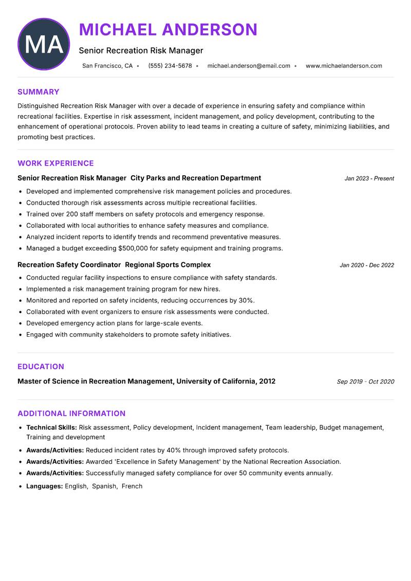 Recreation Risk Manager Resume Preview Example