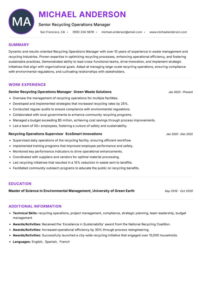 Recycling Operations Manager Resume Preview Example