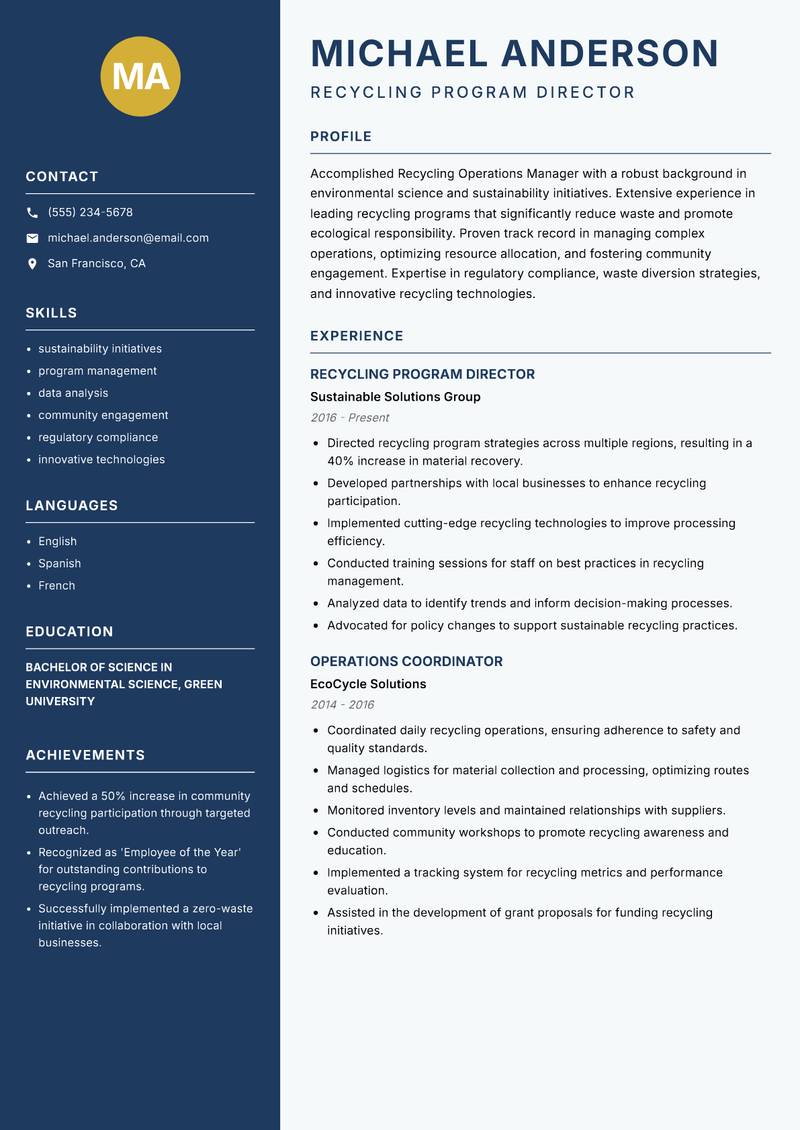 Recycling Operations Manager Resume Preview Example