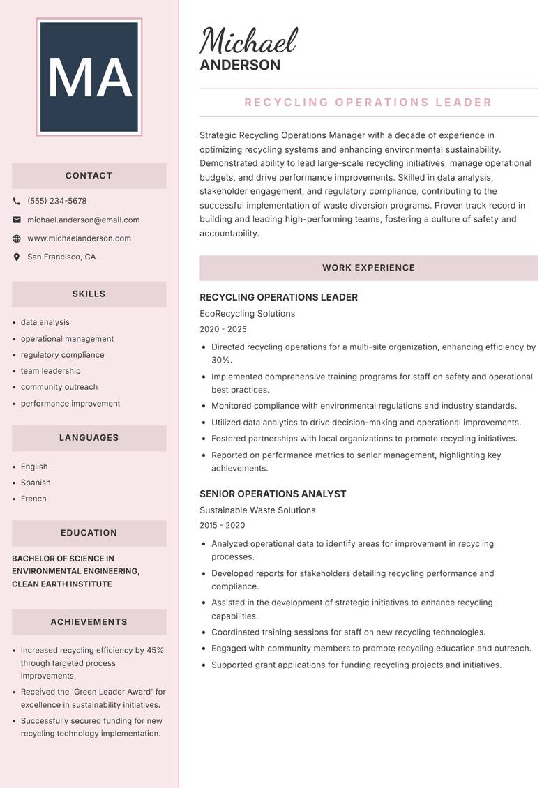 Recycling Operations Manager Resume Preview Example