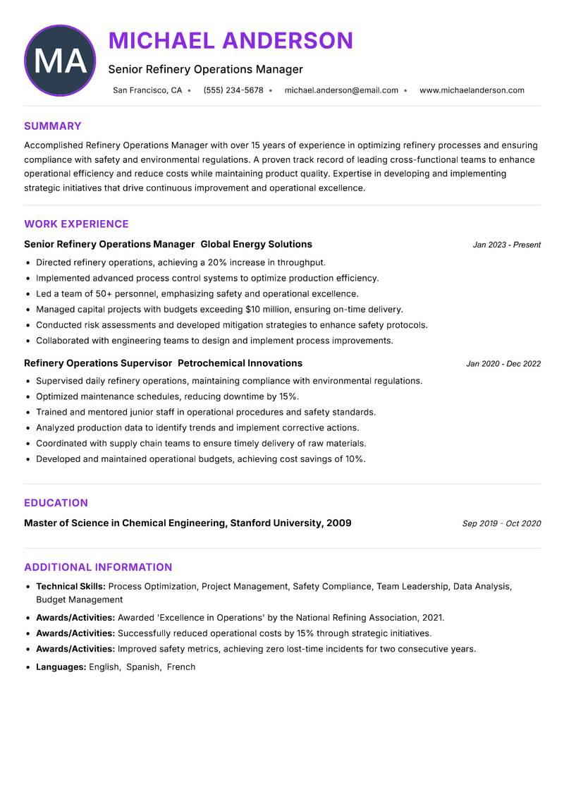 Refinery Operations Manager Resume Preview Example