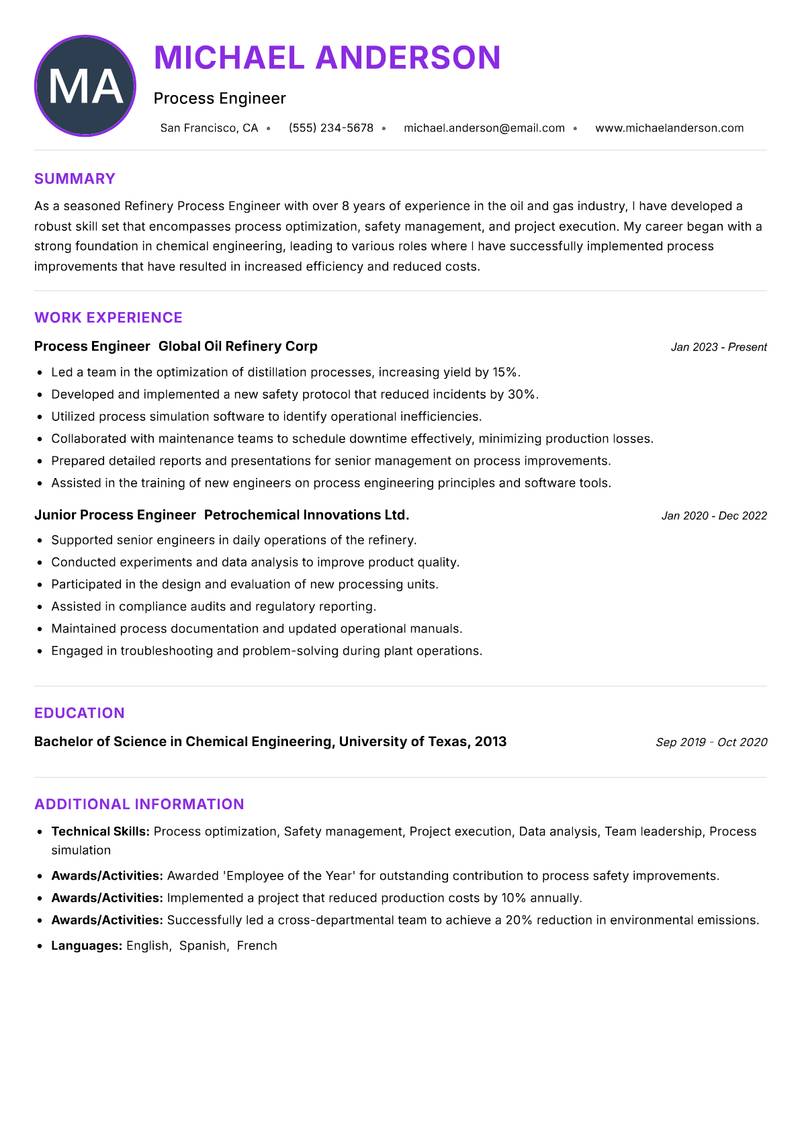 Refinery Process Engineer Resume Preview Example
