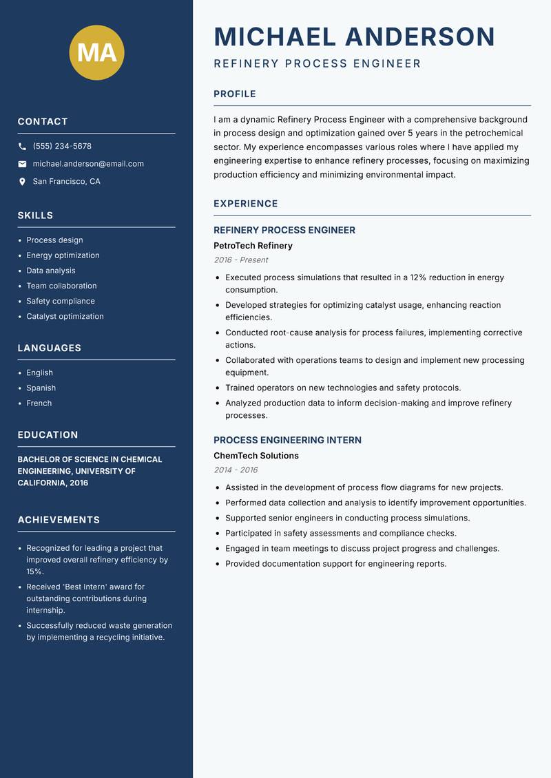 Refinery Process Engineer Resume Preview Example