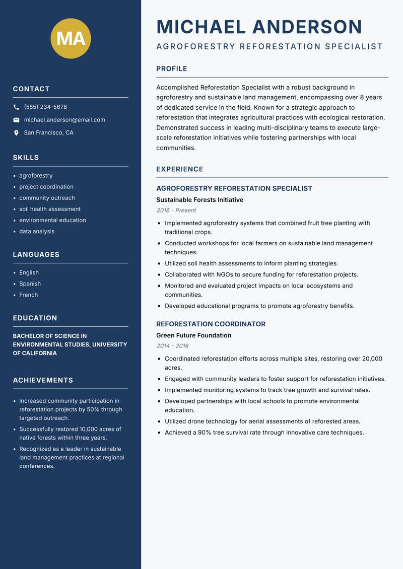 Reforestation Specialist Resume Preview Example