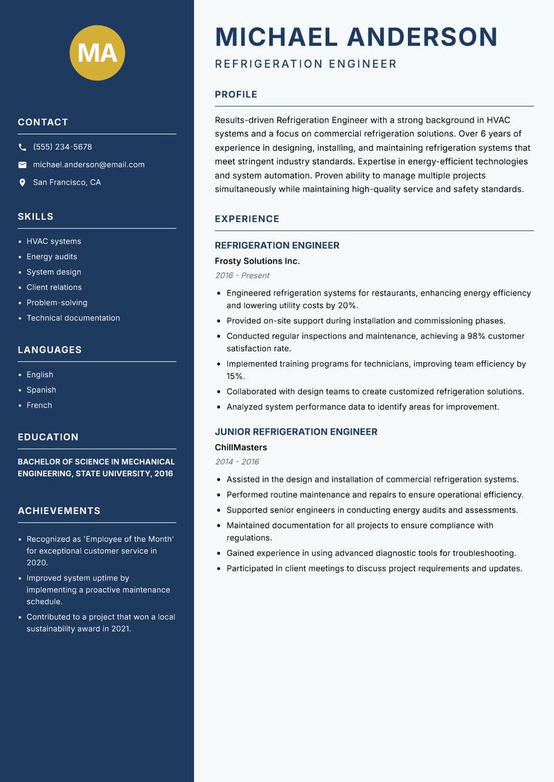 Refrigeration Engineer Resume Preview Example