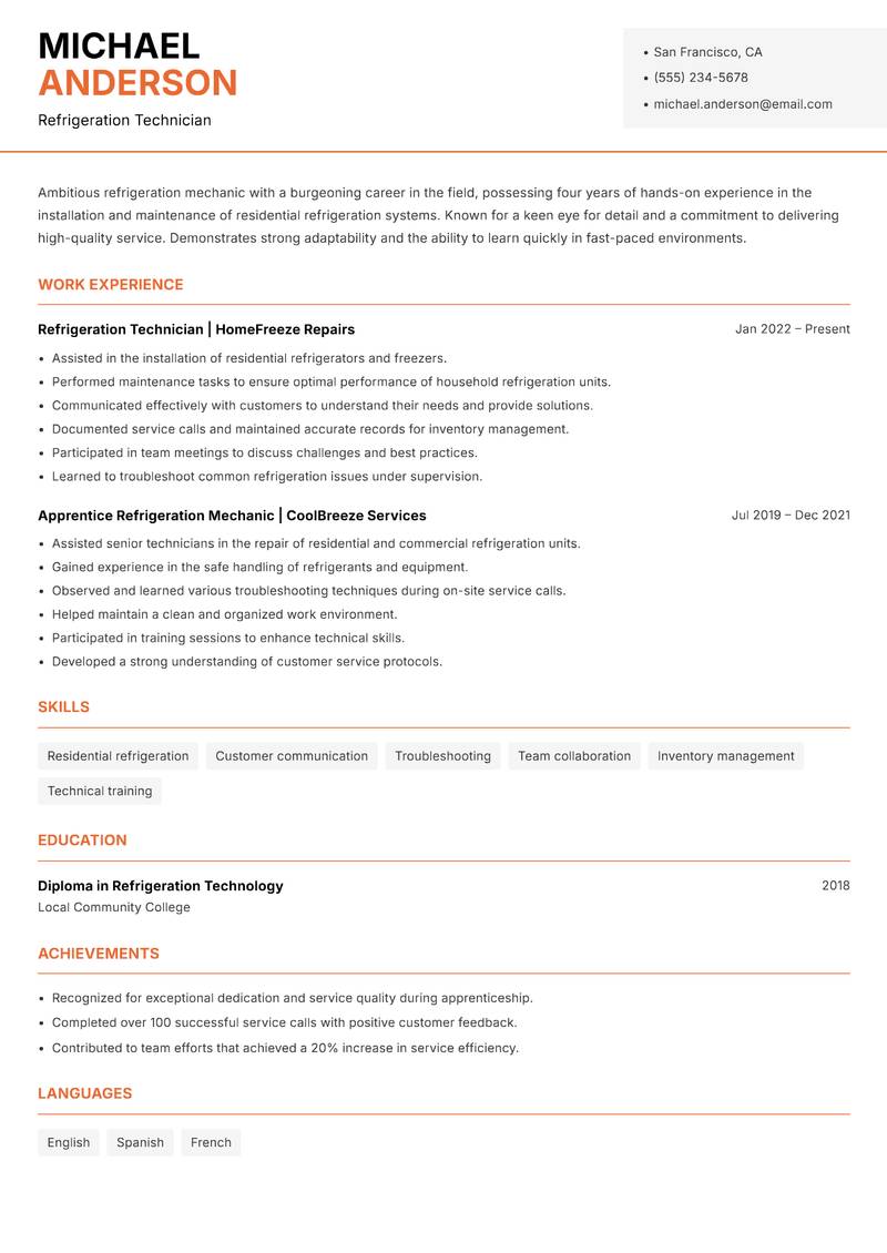 Refrigeration Mechanic Resume Template