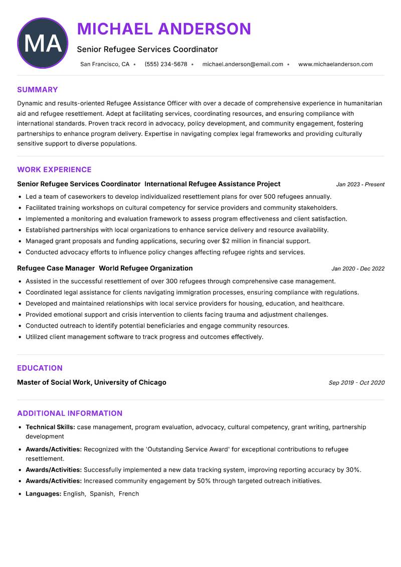 Refugee Assistance Officer Resume Preview Example