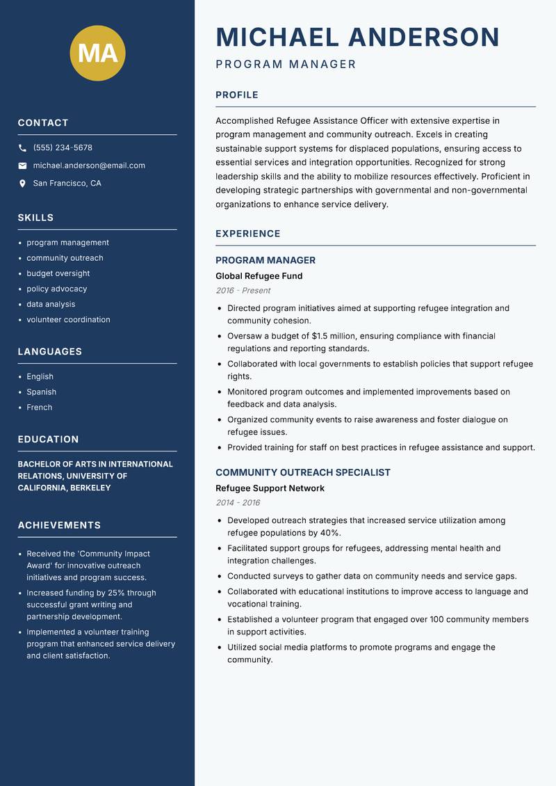 Refugee Assistance Officer Resume Preview Example