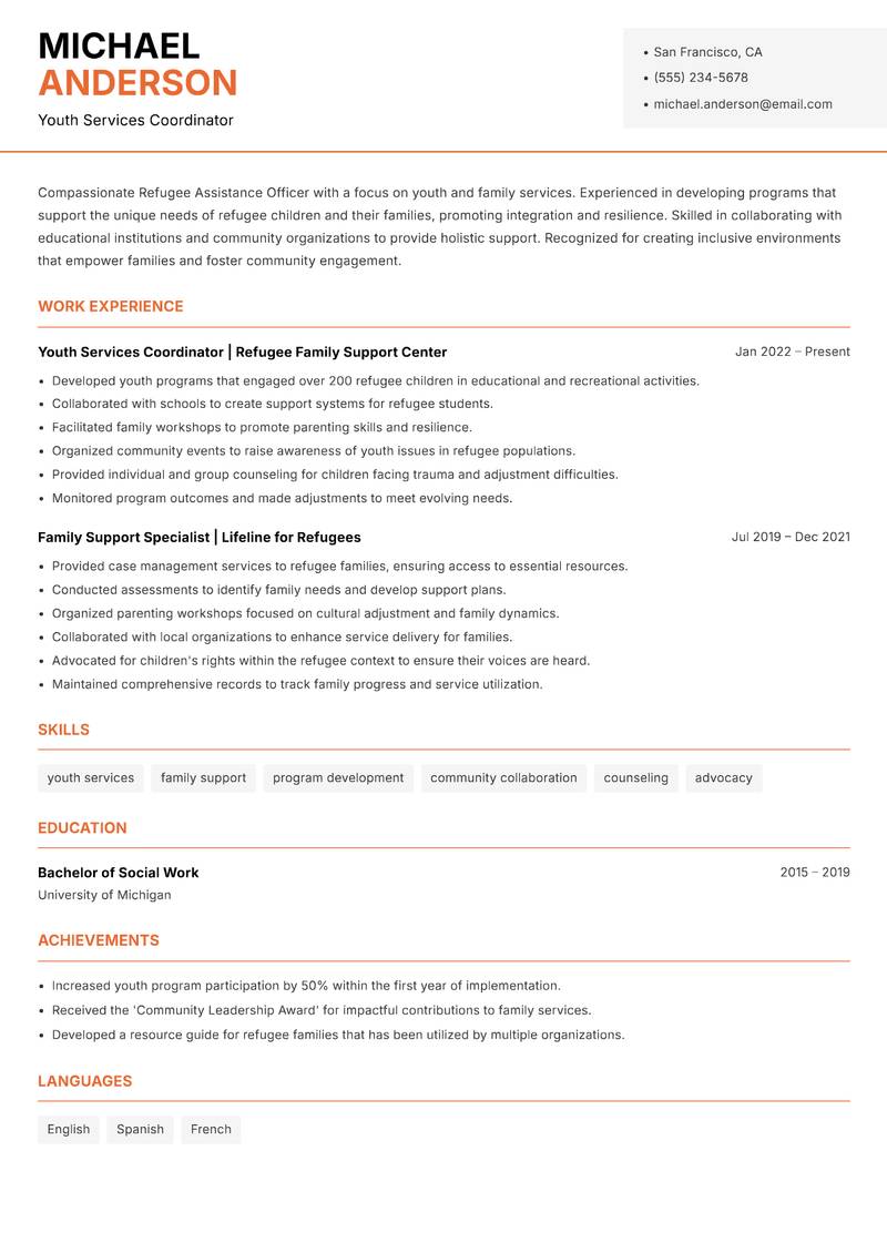 Refugee Assistance Officer Resume Template