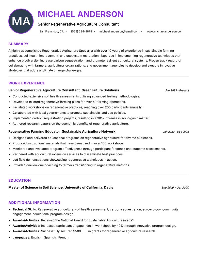 Regenerative Agriculture Specialist Resume Preview Example