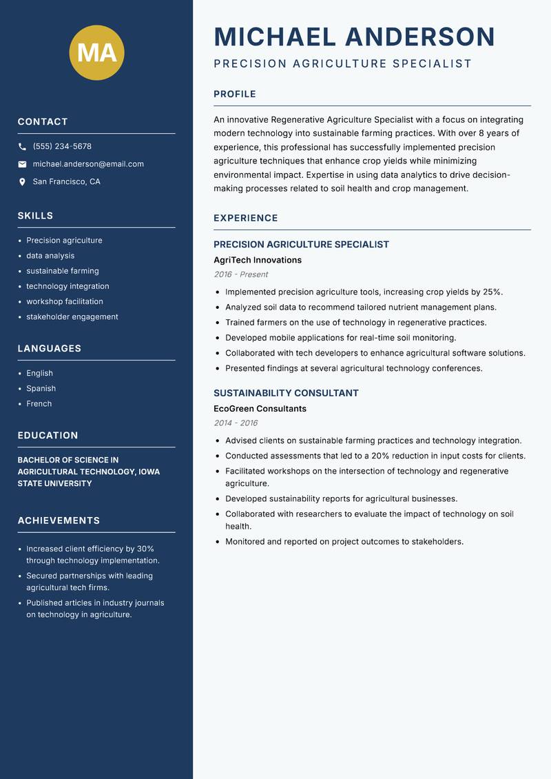 Regenerative Agriculture Specialist Resume Preview Example