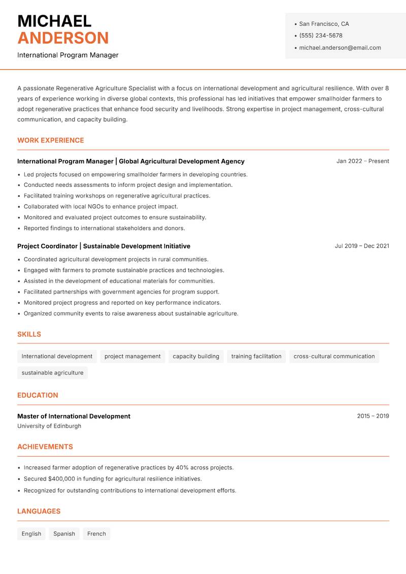 Regenerative Agriculture Specialist Resume Template