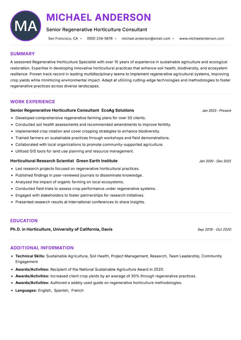 Regenerative Horticulture Specialist Resume Preview Example