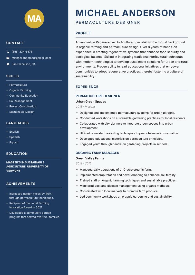 Regenerative Horticulture Specialist Resume Preview Example