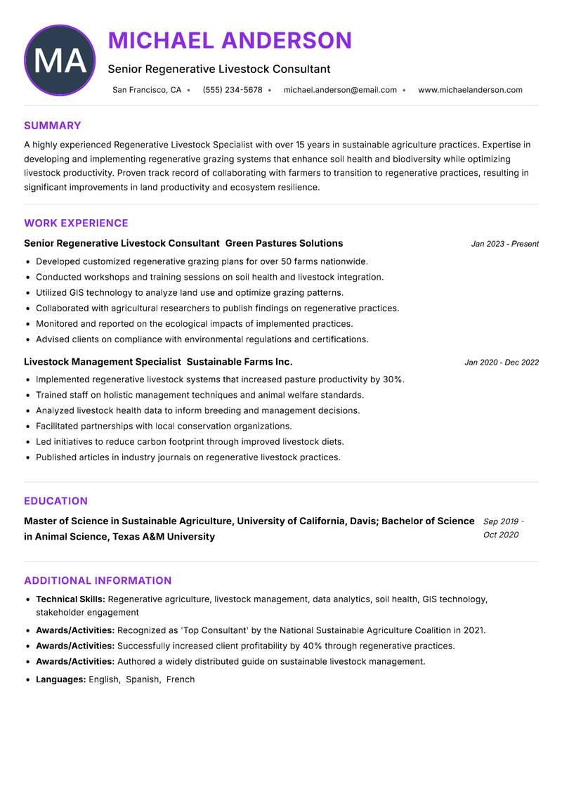 Regenerative Livestock Specialist Resume Preview Example