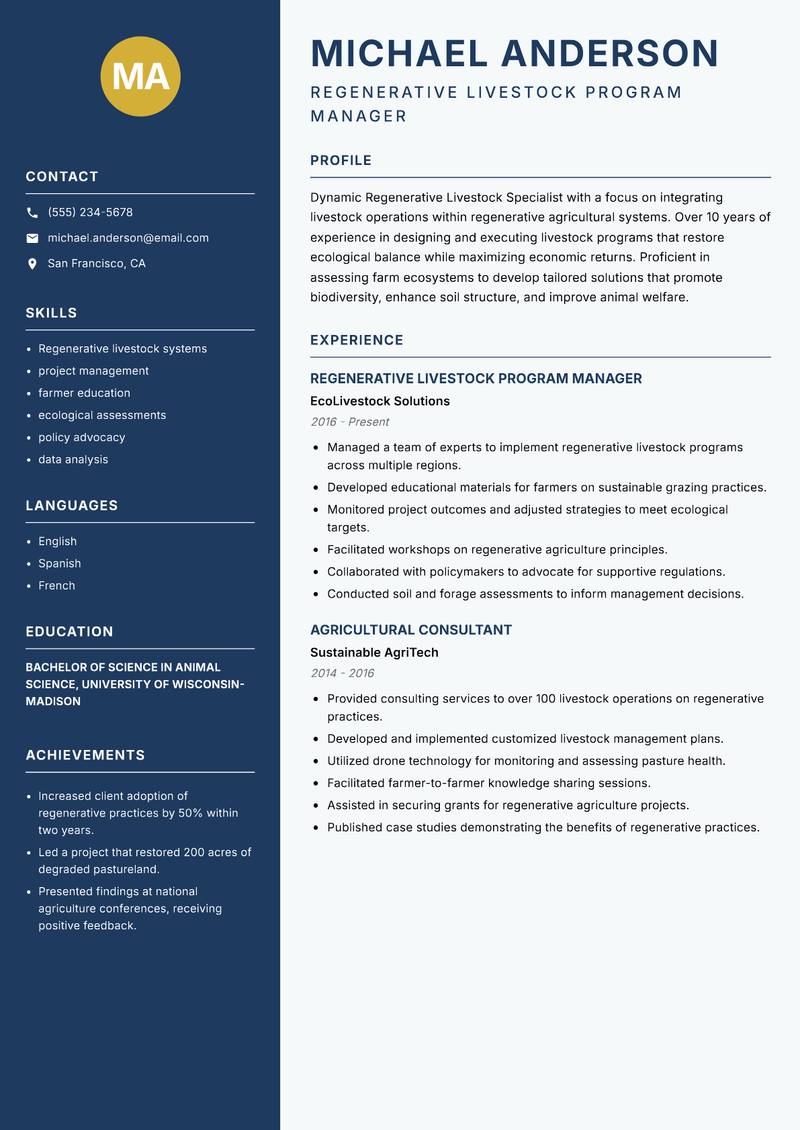Regenerative Livestock Specialist Resume Preview Example