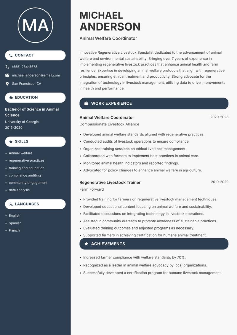 Regenerative Livestock Specialist Resume Preview Example