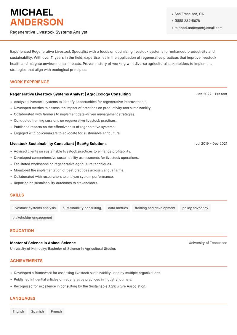 Regenerative Livestock Specialist Resume Template