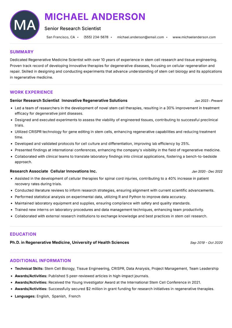 Regenerative Medicine Scientist Resume Preview Example