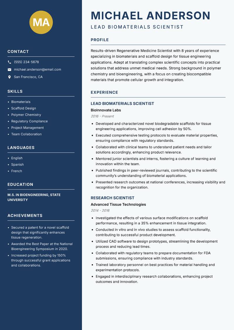 Regenerative Medicine Scientist Resume Preview Example