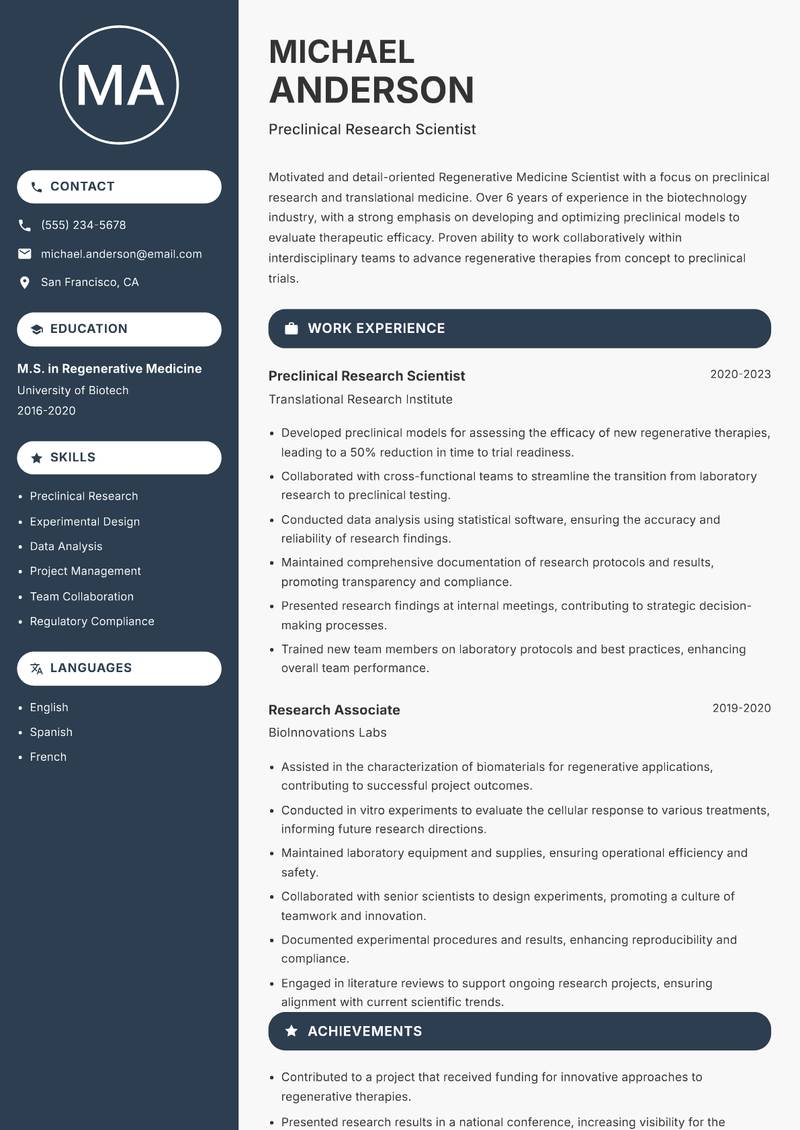 Regenerative Medicine Scientist Resume Preview Example