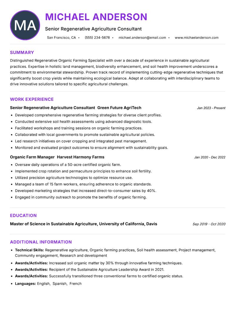 Regenerative Organic Farming Specialist Resume Preview Example