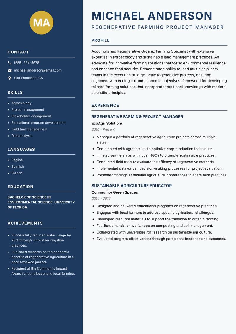 Regenerative Organic Farming Specialist Resume Preview Example