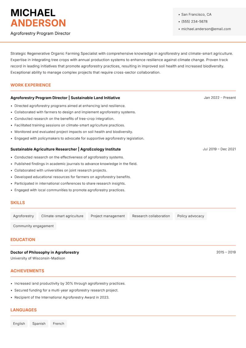 Regenerative Organic Farming Specialist Resume Template