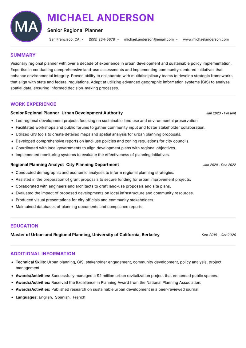 Regional Planner Resume Preview Example