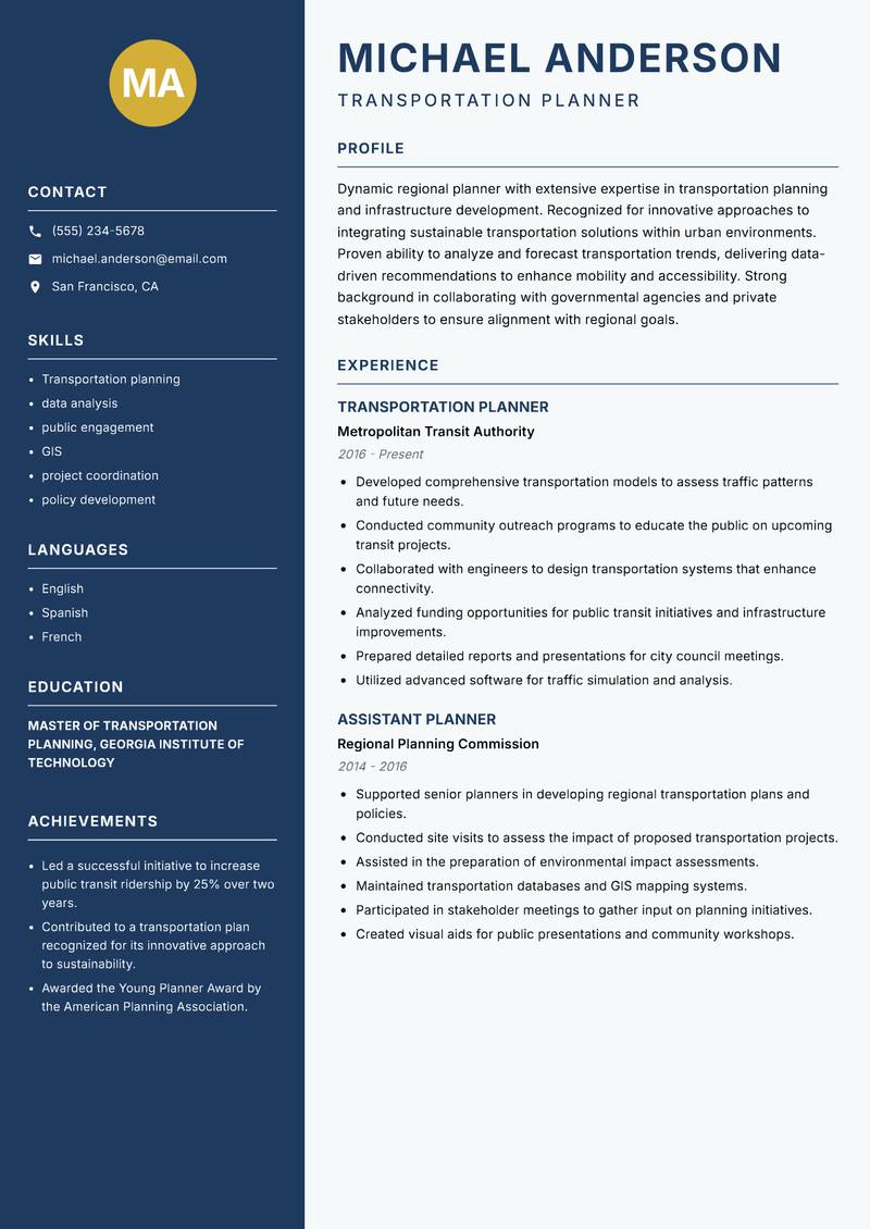 Regional Planner Resume Preview Example