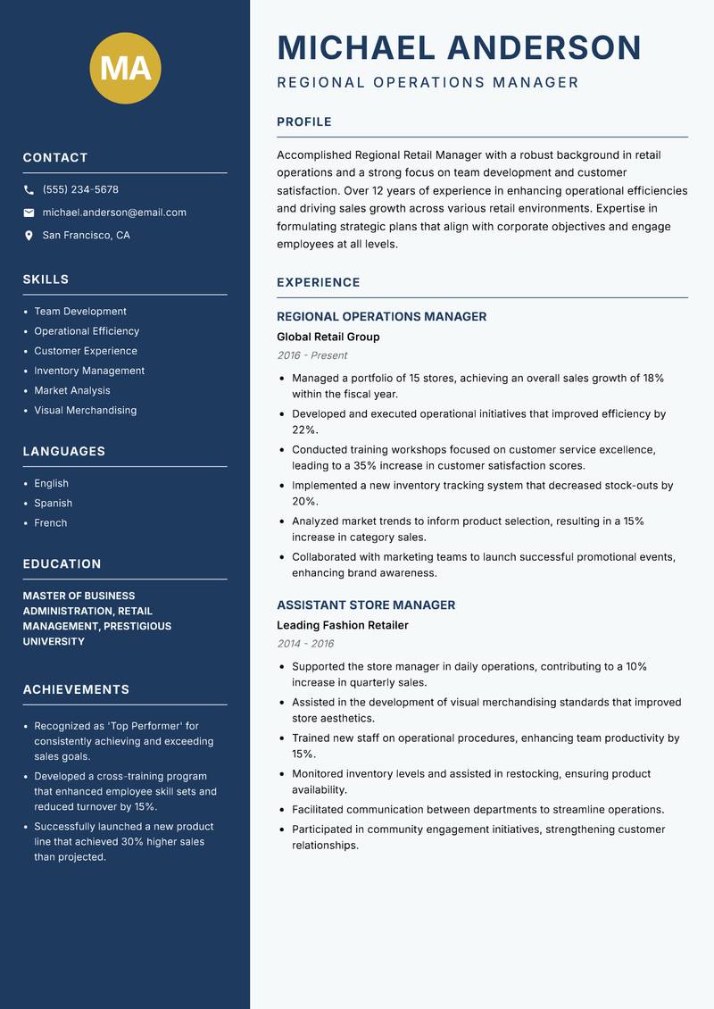 Regional Retail Manager Resume Preview Example