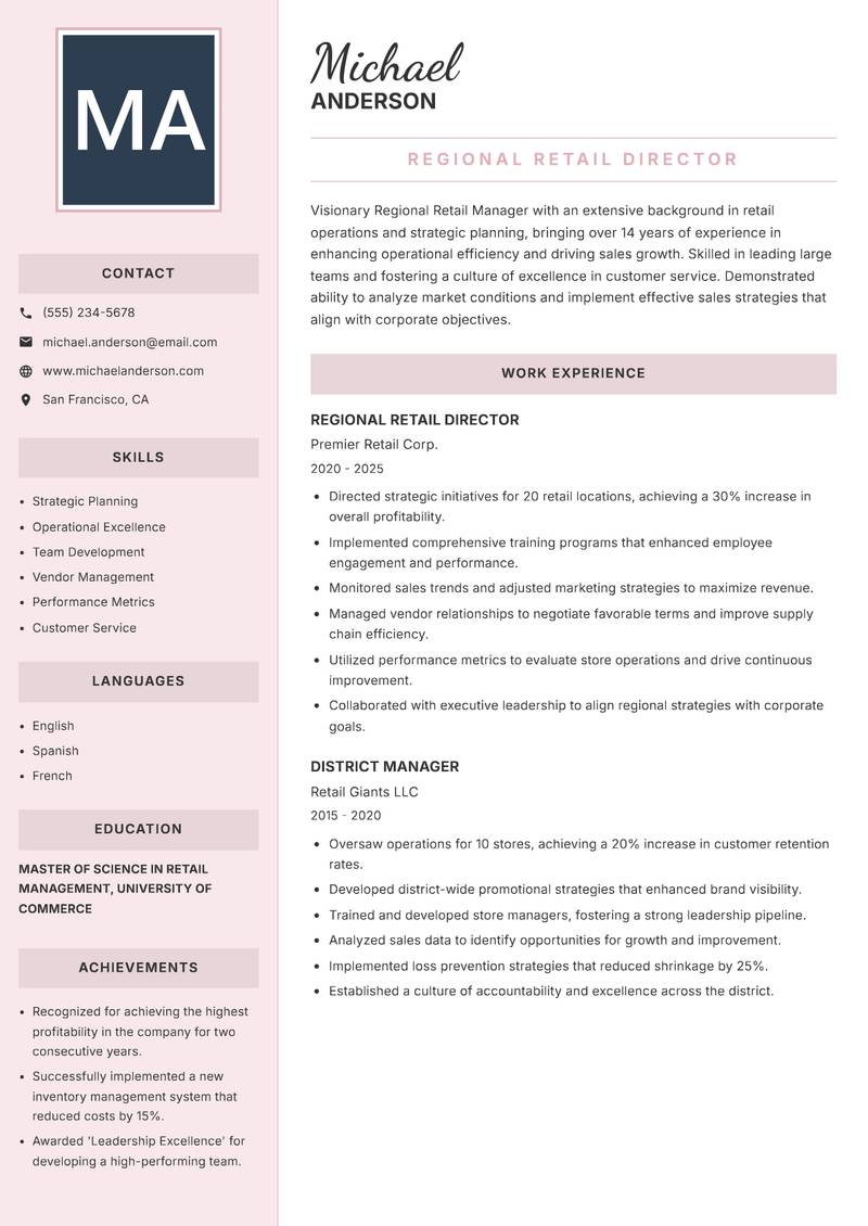 Regional Retail Manager Resume Preview Example