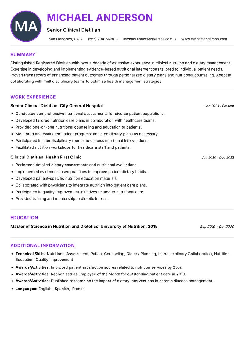 Registered Dietitian Resume Preview Example