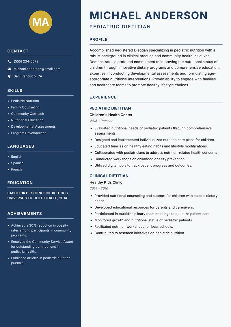 Registered Dietitian Resume Preview Example